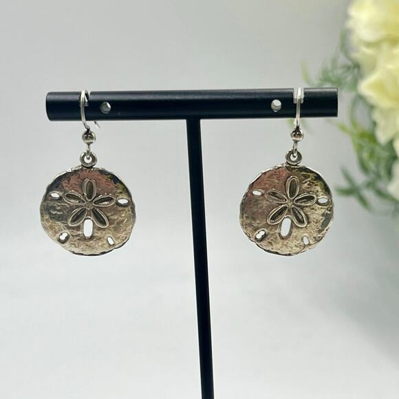 AB Designer Signed Sterling Silver 925 Coastal Beach Sand Dollar Dangle Earrings - Picture 1 of 8